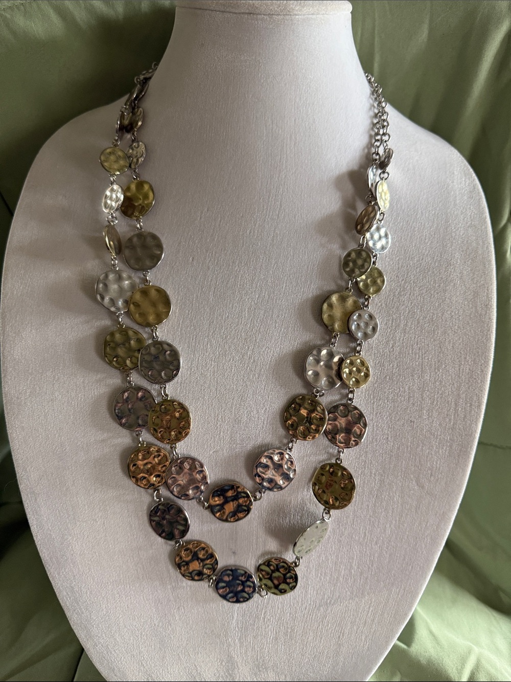 Chico's Mixed Metallic Multi-Color Hammered Disc Double Strand Necklace